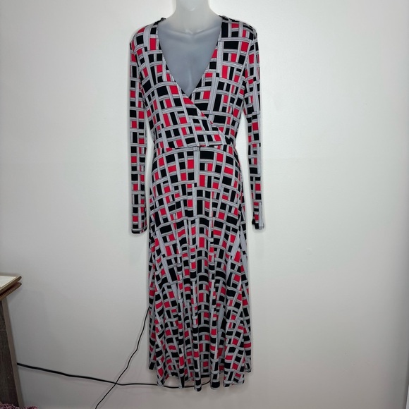 H by Halston V-Neck Faux Wrap Dress red black geometric print long sleeve NWT 6 - Picture 1 of 7